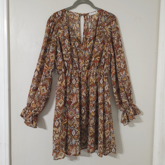 ACTIVE USA Nwot Long Sleeve Paisley Fit & Flare Mini Dress, Boho Cowgirl, L - Picture 3 of 16